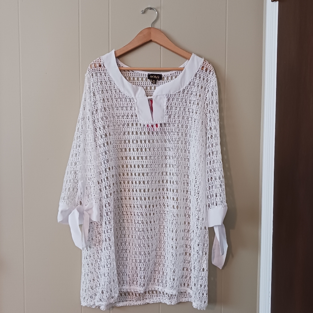 Cal Style Swim Cover 3XL White Crochet Tunic with Tie Sleeves